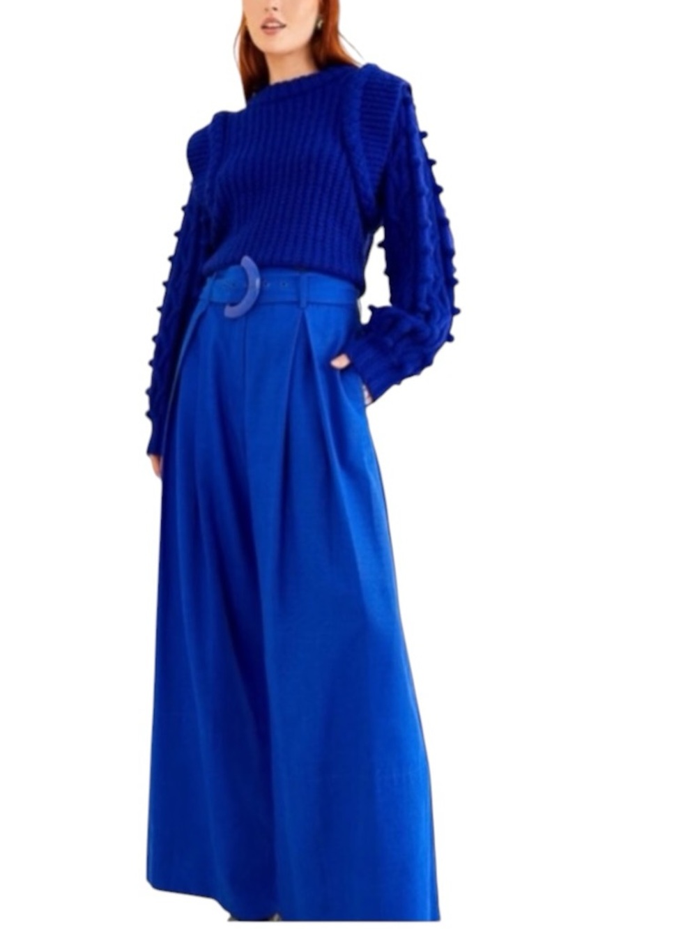 FARM Rio Wide Leg Tailored Blue Pant Size Small Belted Trousers High Rise